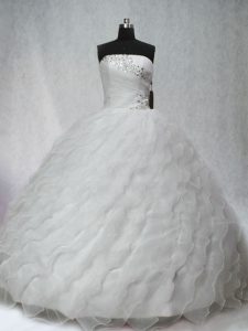 Sleeveless Organza Brush Train Lace Up 15 Quinceanera Dress in White with Beading and Ruching