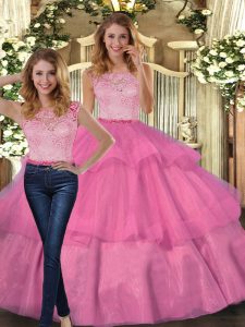 Colorful Sleeveless Floor Length Lace and Ruffled Layers Lace Up Quinceanera Dresses with Hot Pink