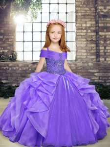 Lavender Straps Neckline Beading and Ruffles Evening Gowns Sleeveless Lace Up