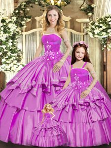Stunning Floor Length Lace Up 15th Birthday Dress Lilac for Sweet 16 and Quinceanera with Beading and Ruffled Layers