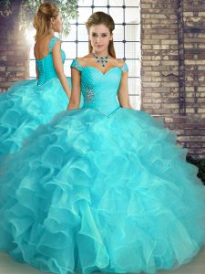 Floor Length Aqua Blue Quinceanera Gowns Organza Sleeveless Beading and Ruffles