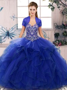 Royal Blue Ball Gowns Beading and Ruffles Quinceanera Dress Lace Up Tulle Sleeveless Floor Length