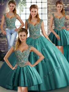 Teal Ball Gowns Beading and Appliques Quinceanera Gowns Lace Up Tulle Sleeveless Floor Length