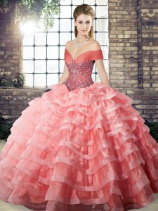 Stylish Watermelon Red Quinceanera Gown Organza Brush Train Sleeveless Beading and Ruffled Layers