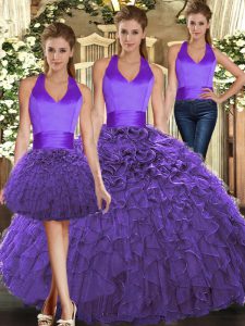 Floor Length Lace Up Quinceanera Gown Purple for Sweet 16 and Quinceanera with Ruffles