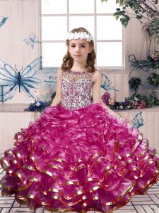 Organza Scoop Sleeveless Lace Up Beading and Ruffles Little Girl Pageant Gowns in Fuchsia