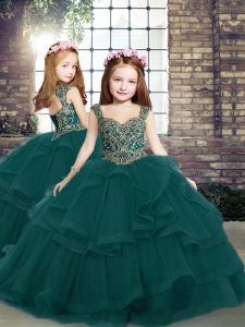 Floor Length Ball Gowns Sleeveless Peacock Green Little Girl Pageant Dress Lace Up
