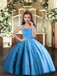 Cheap Beading Little Girl Pageant Dress Baby Blue Lace Up Sleeveless Floor Length