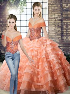 Wonderful Peach Sleeveless Brush Train Beading and Ruffled Layers Sweet 16 Dress