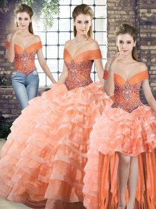 Peach Lace Up Off The Shoulder Beading and Ruffled Layers Sweet 16 Dress Organza Sleeveless Brush Train