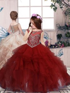 Modern Red Sleeveless Beading and Ruffles Floor Length Little Girl Pageant Gowns