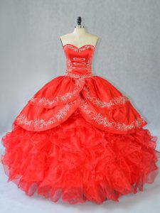 Charming Red Sweetheart Side Zipper Embroidery and Ruffles Vestidos de Quinceanera Sleeveless
