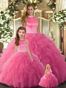 Ball Gowns Vestidos de Quinceanera Hot Pink Halter Top Tulle Sleeveless Floor Length Backless