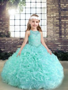 Scoop Sleeveless Lace Up Little Girls Pageant Dress Apple Green Fabric With Rolling Flowers