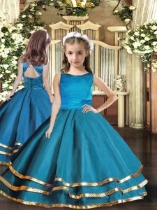 Dazzling Teal Sleeveless Floor Length Ruffled Layers Lace Up Little Girls Pageant Gowns