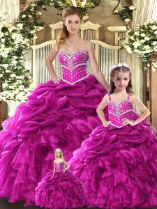 Sleeveless Organza Floor Length Lace Up Quinceanera Gown in Fuchsia with Beading and Ruffles