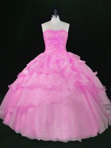 Admirable Lilac Ball Gowns Sweetheart Sleeveless Organza Floor Length Lace Up Hand Made Flower Quinceanera Gowns