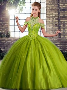 Enchanting Halter Top Sleeveless Quince Ball Gowns Brush Train Beading Olive Green Tulle