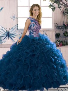 Sleeveless Organza Floor Length Lace Up Vestidos de Quinceanera in Royal Blue with Beading and Ruffles