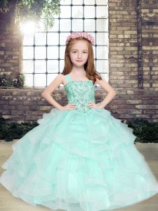 Most Popular Floor Length Apple Green Little Girls Pageant Dress Tulle Sleeveless Beading and Ruffles