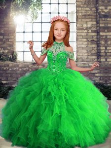Enchanting Tulle Lace Up High-neck Sleeveless Floor Length Kids Formal Wear Beading and Ruffles