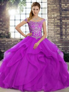 Lace Up 15th Birthday Dress Purple for Military Ball and Sweet 16 and Quinceanera with Beading and Ruffles Brush Train