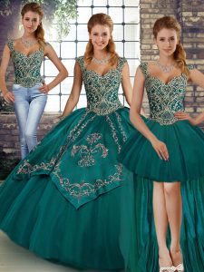 Teal Tulle Lace Up Straps Sleeveless Floor Length Ball Gown Prom Dress Beading and Embroidery
