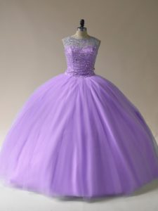 New Style Ball Gowns Quinceanera Dresses Lavender Scoop Tulle Sleeveless Floor Length Lace Up