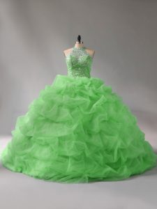 Court Train Ball Gowns Quinceanera Gown Halter Top Organza Sleeveless Lace Up