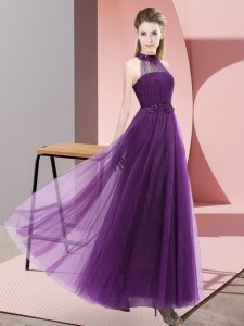 Dark Purple Tulle Lace Up Dama Dress Sleeveless Floor Length Beading and Appliques