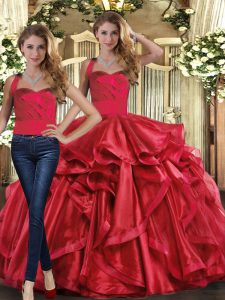 Shining Halter Top Sleeveless Quinceanera Dress Floor Length Ruffles Red Organza