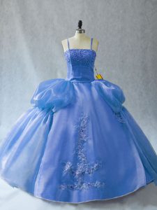 Top Selling Blue Organza Lace Up Quince Ball Gowns Sleeveless Floor Length Appliques