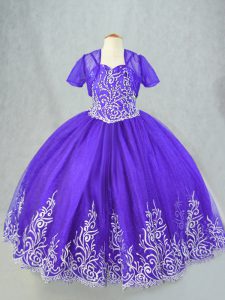 Best Tulle Spaghetti Straps Sleeveless Lace Up Beading and Embroidery Child Pageant Dress in Purple