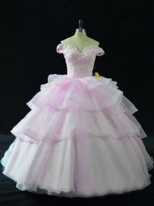 Lilac Sweet 16 Dresses Organza Brush Train Sleeveless Beading and Ruffled Layers