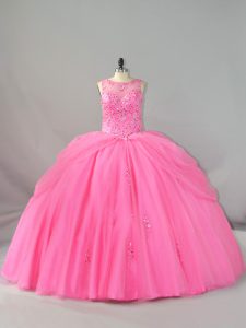 Tulle Scoop Sleeveless Brush Train Lace Up Beading and Appliques Quinceanera Gowns in Rose Pink