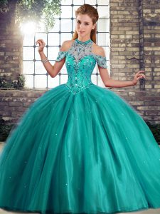 Turquoise Halter Top Neckline Beading Quinceanera Dress Sleeveless Lace Up