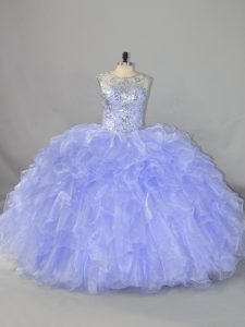 Flirting Lavender Ball Gowns Scoop Sleeveless Organza Floor Length Lace Up Beading and Ruffles 15 Quinceanera Dress