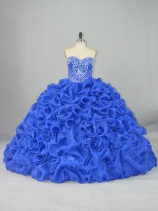 Brush Train Ball Gowns Ball Gown Prom Dress Blue Sweetheart Organza and Elastic Woven Satin Sleeveless Lace Up