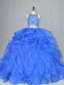 Fantastic Halter Top Sleeveless Court Train Backless Sweet 16 Dresses Blue Organza