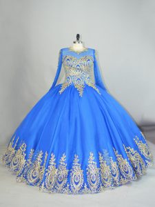 High-neck Long Sleeves Tulle Quinceanera Gowns Beading and Appliques Lace Up