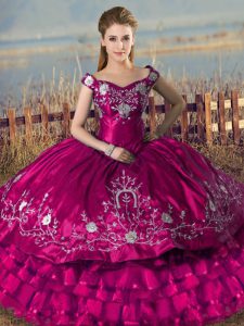 Glittering Sleeveless Satin and Organza Floor Length Lace Up Sweet 16 Quinceanera Dress in Fuchsia with Embroidery and Ruffled Layers