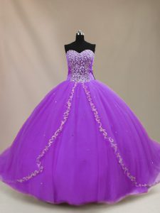 Extravagant Purple Tulle Lace Up Ball Gown Prom Dress Sleeveless Court Train Beading