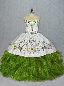 Sleeveless Floor Length Embroidery and Ruffles Lace Up Sweet 16 Quinceanera Dress with Olive Green