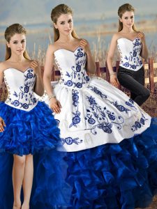 Great Blue And White Ball Gowns Organza Sweetheart Sleeveless Embroidery and Ruffles Lace Up Quinceanera Gowns