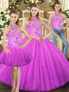 Super Lilac Sleeveless Floor Length Embroidery Lace Up Quinceanera Gowns