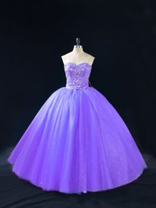Adorable Lavender Ball Gowns Beading Sweet 16 Dresses Lace Up Tulle Sleeveless Floor Length