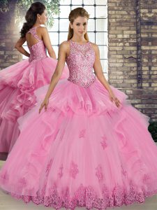 Unique Rose Pink Lace Up Scoop Lace and Embroidery and Ruffles Vestidos de Quinceanera Tulle Sleeveless