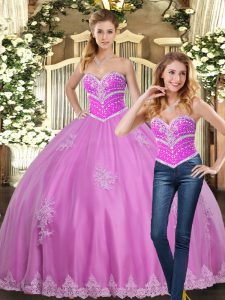 Simple Lilac Lace Up Quince Ball Gowns Beading and Appliques Sleeveless Floor Length
