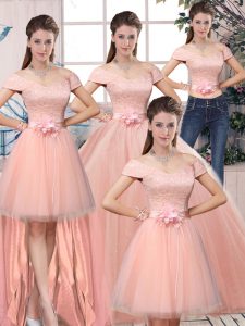 High End Short Sleeves Lace and Hand Made Flower Lace Up Sweet 16 Dresses