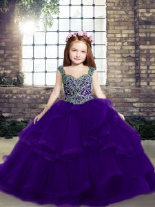 Sleeveless Floor Length Beading Lace Up Pageant Gowns For Girls with Purple